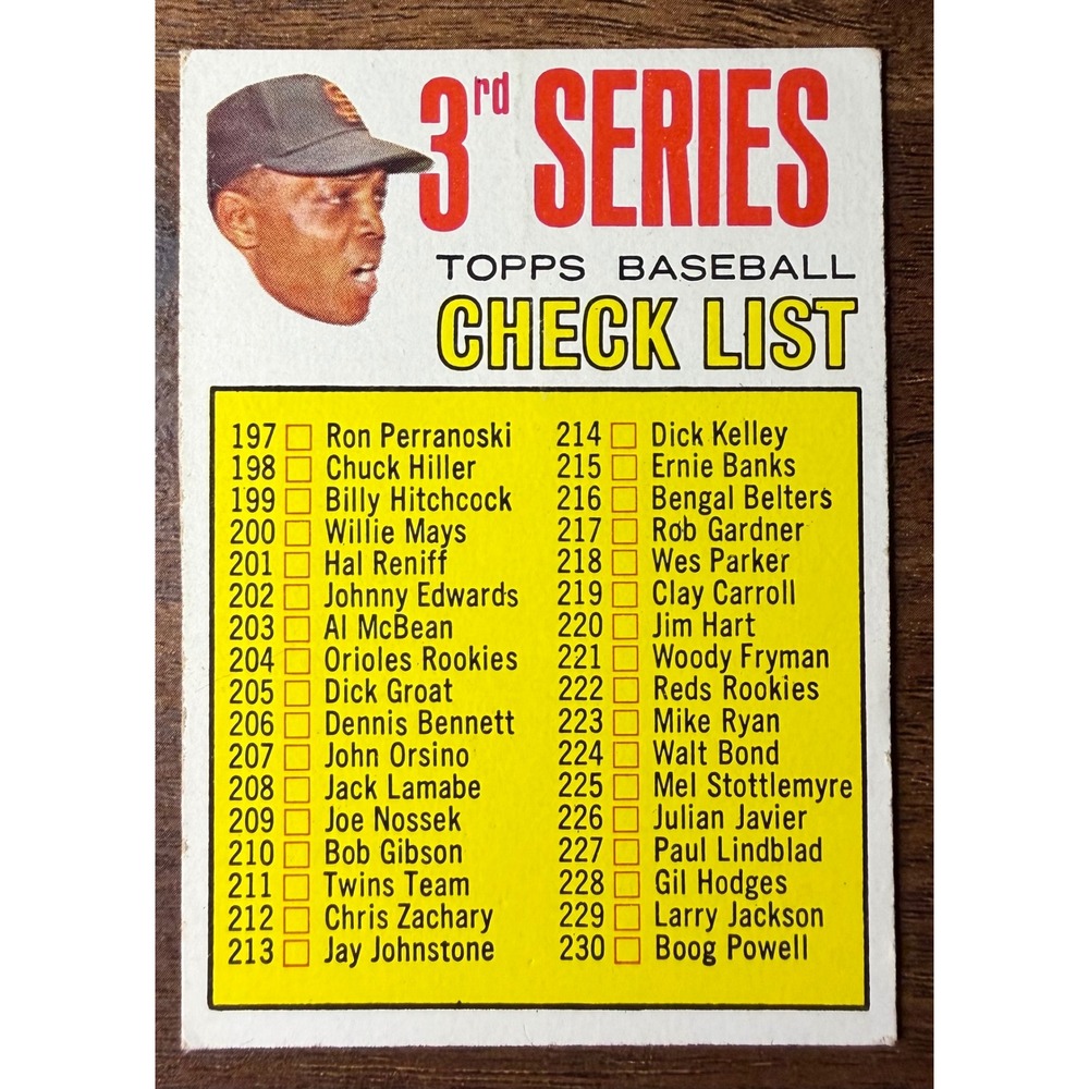 1967 Topps Baseball 3rd Series Checklist 191 Willie Mays Bob Gibson Ernie Banks